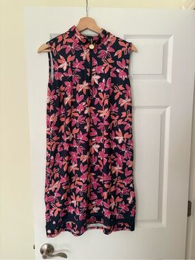 STELLA PARKER Navy Hot Pink Orange Floral Sleeveless Mock Golf Dress